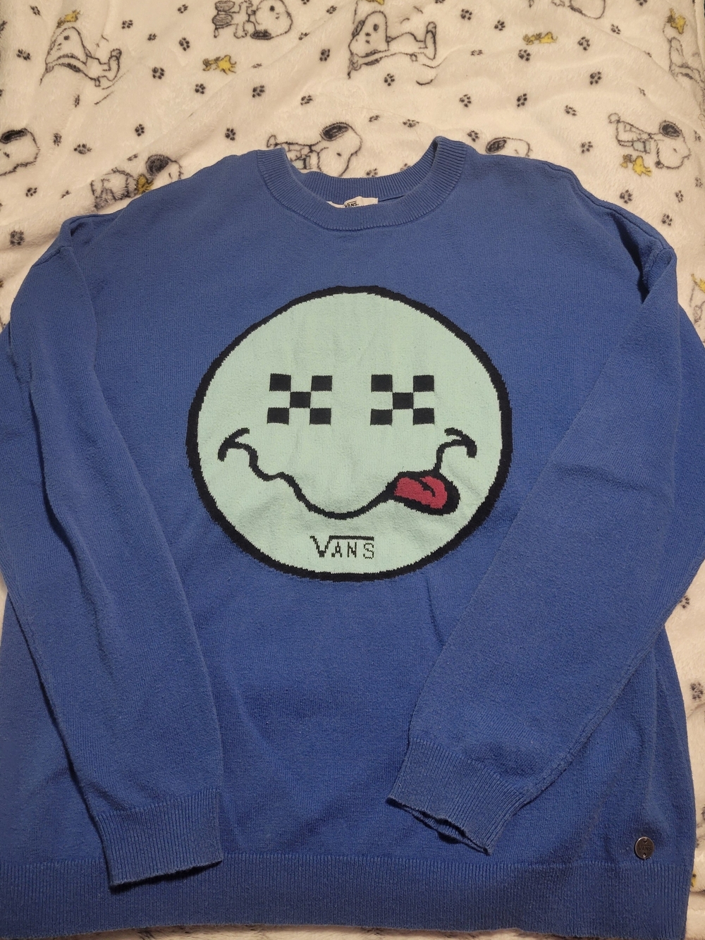 Vans Blue Crewneck Sweater with Mint Smiley and Red Tongue